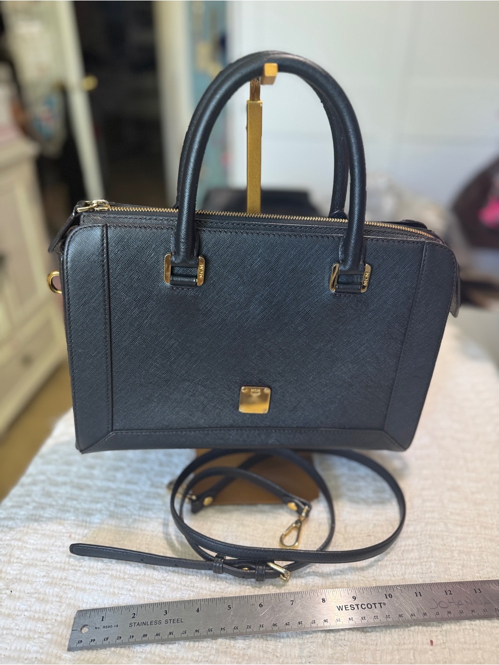 MCM Black Saffiano Leather Satchel Handbag with Gold Hardware and strap